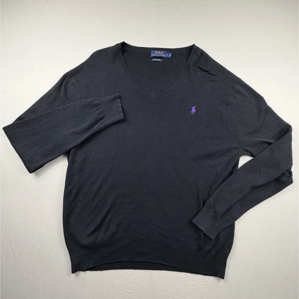 Polo Ralph Lauren Sweater Mens Large V‎ Neck Pullover Purple Pony Pima Cotton